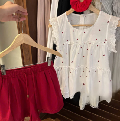 Set áo cánh tiên tim đỏ mix quần sooc