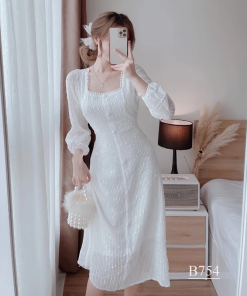 Đầm dự tiệc đầm trắng cổ vuông tay phồng dáng dài