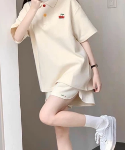 Bộ thun polo cherry nữ đồ cotton dày form rộng áo kiểu mix quần sooc đùi