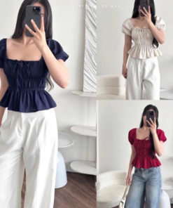 Áo babydoll linen kiểu xinh tay phồng bo thân nơ ngực xinh xắn